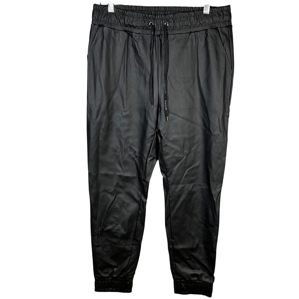 Bebe Black Faux Leather Jogger Pants Elastic Waist‎ Drawstring Ankle Cuff Size L